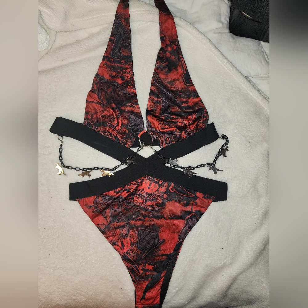 Red and Black Halter Bodysuit with Chain Detail Iheartraves Lost Lands